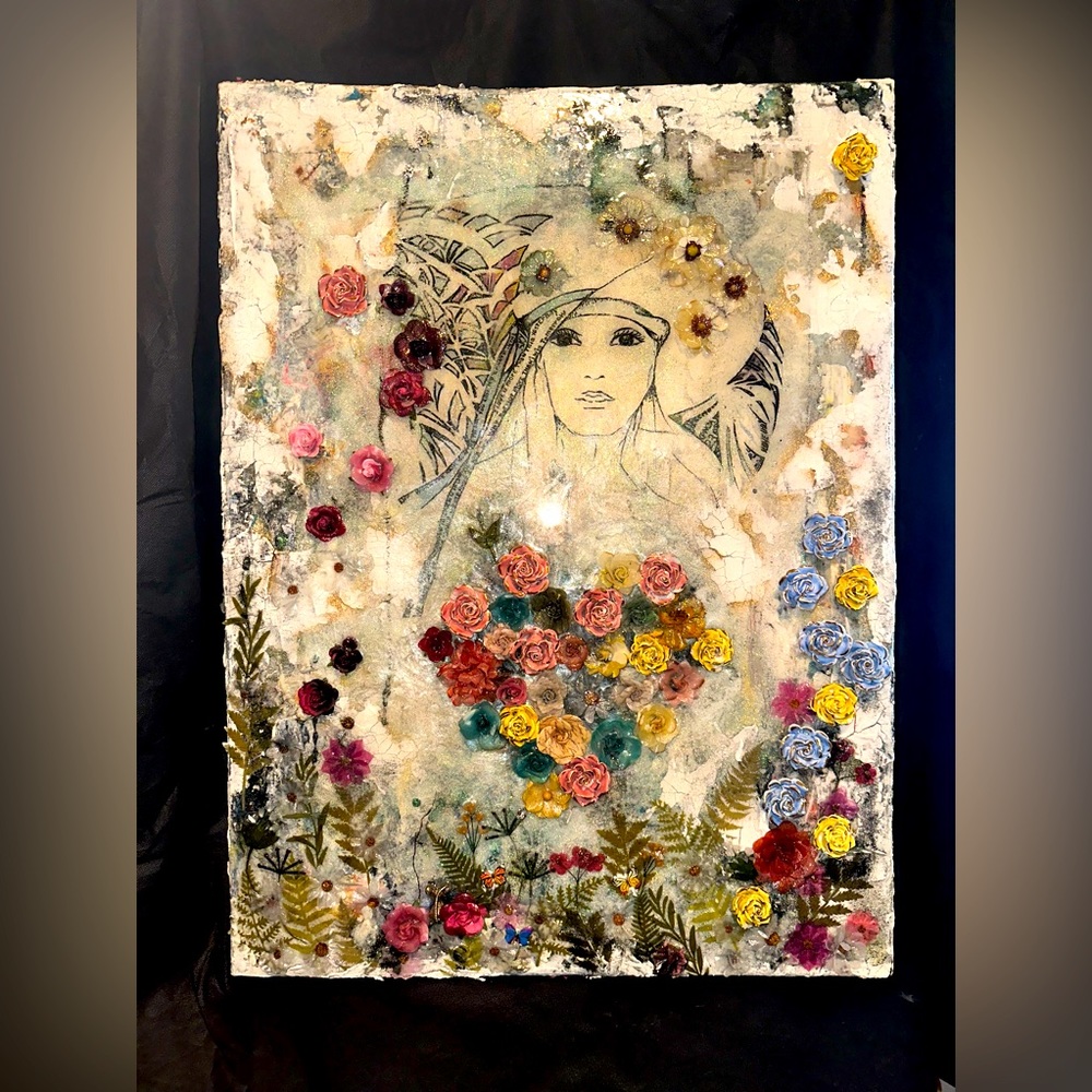Acrylic, collage, resting, flowers